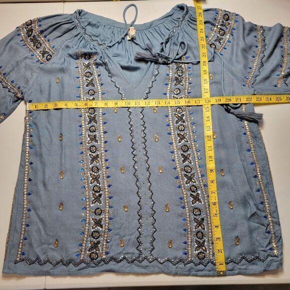 Raga Peasant Phoenix Blouse Beaded Blue Women's Size Large Viscose - Picture 11 of 12
